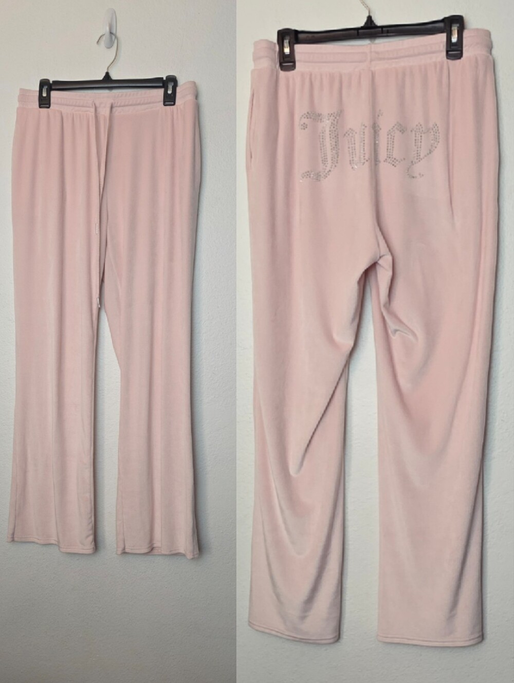 JUICY COUTURE Pink Bling Wide Leg Velour Track Pants Logo Pockets 90s Size Large